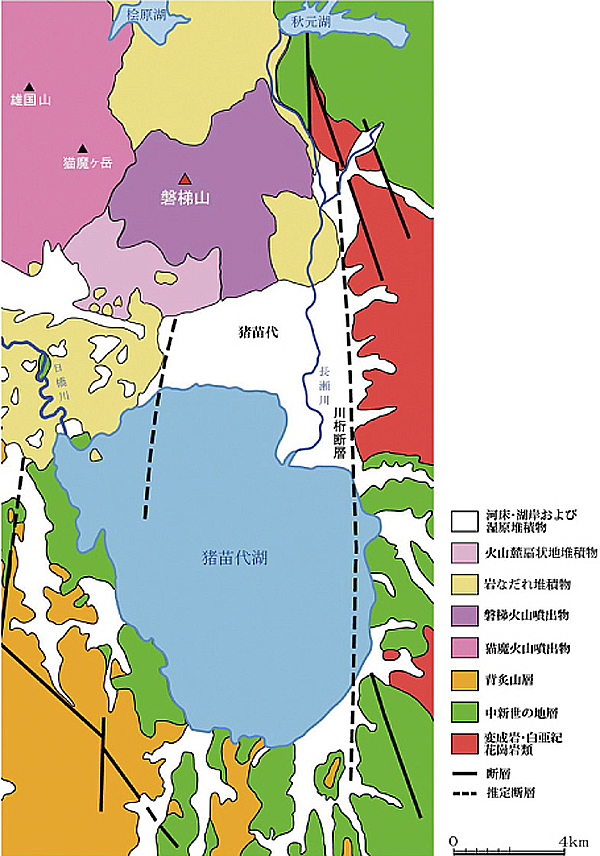 磐梯山と猪苗代湖周辺の地質図